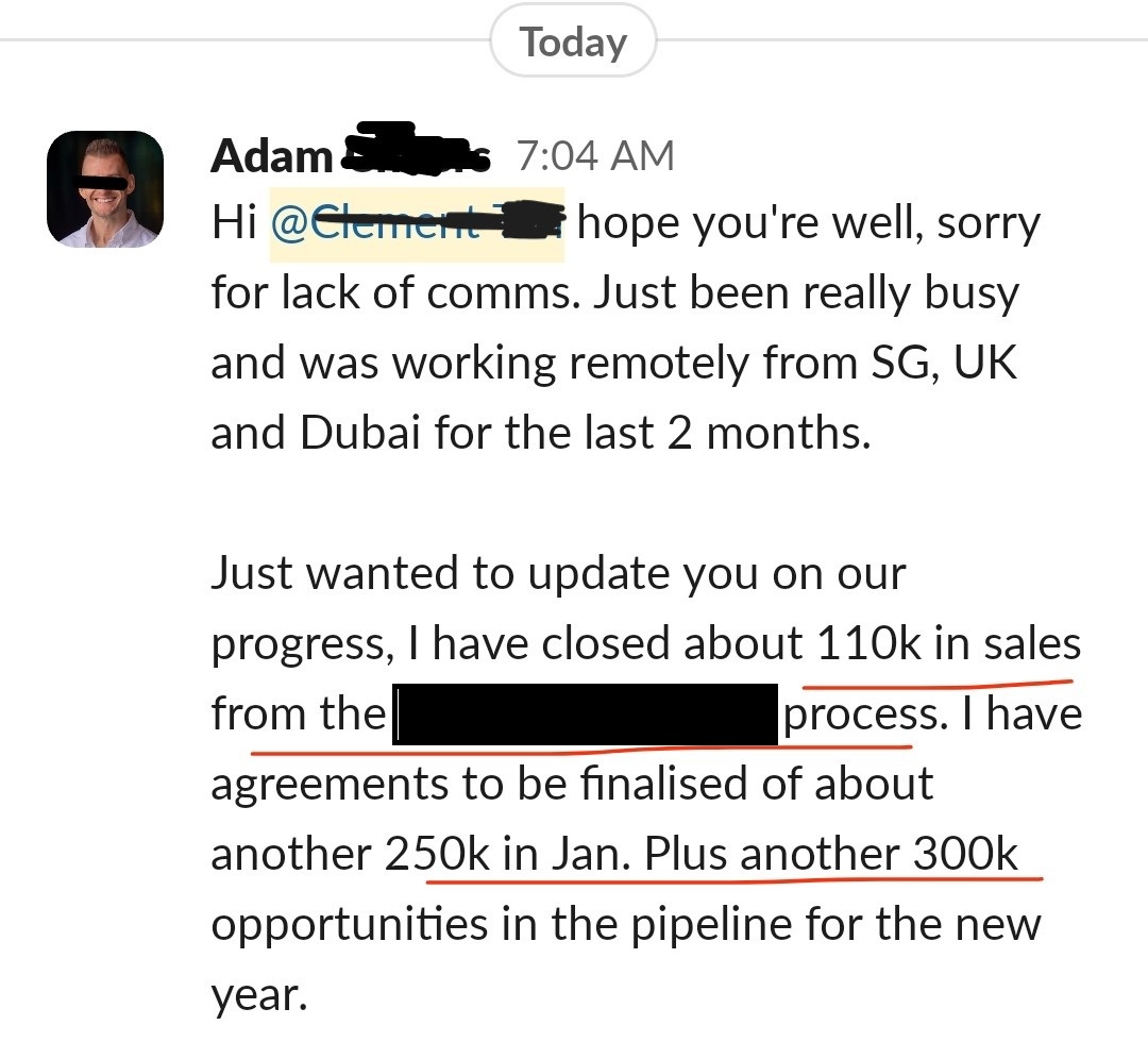 Slack message from Adam: about 110k in sales closed