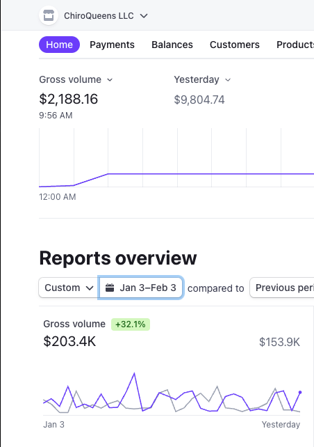 Stripe report for ChiroQueens LLC, Jan 3 to Feb 3: gross volume $203.4K