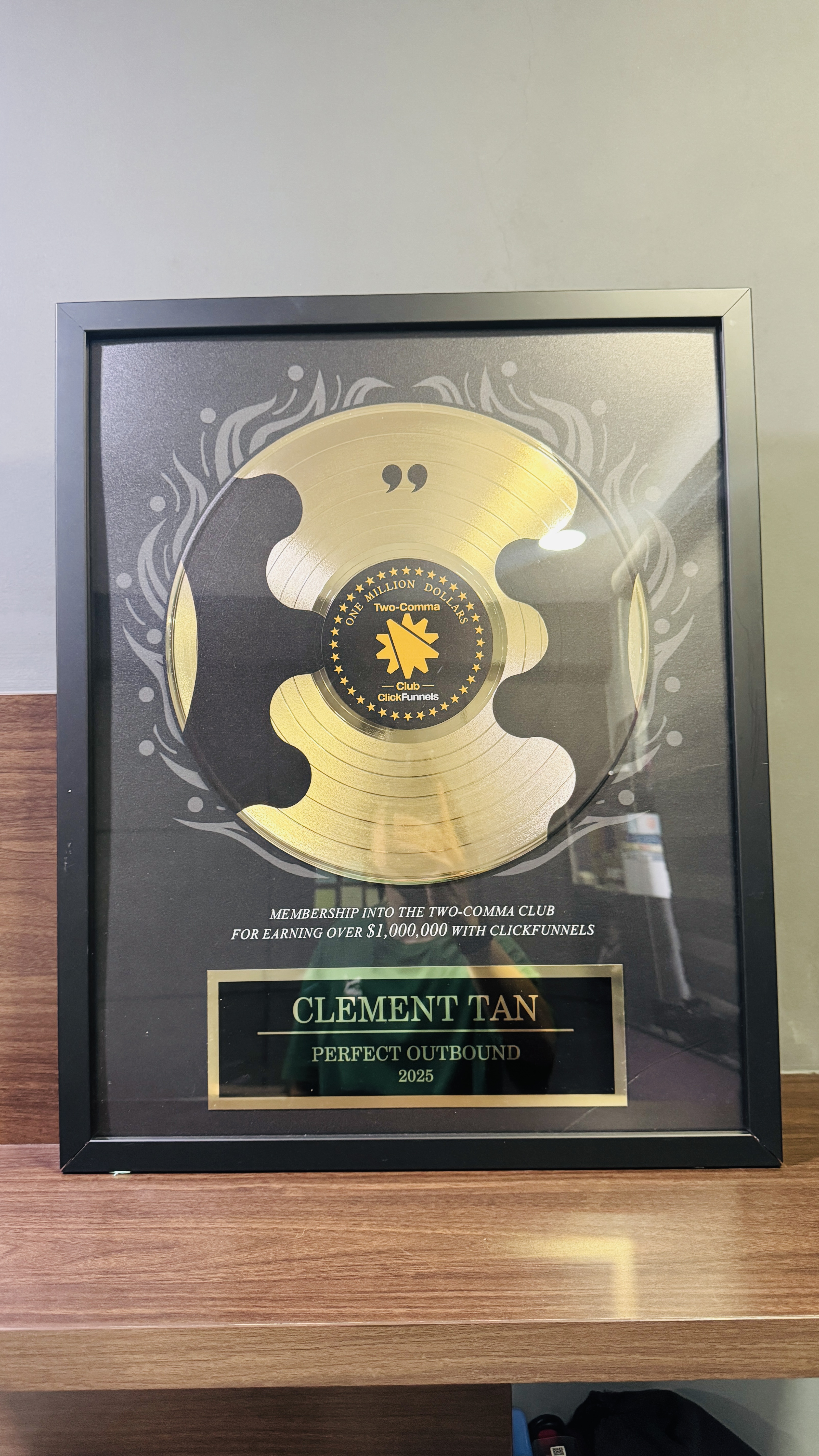 Framed ClickFunnels Two-Comma Club award: Clement Tan, Perfect Outbound, 2025
