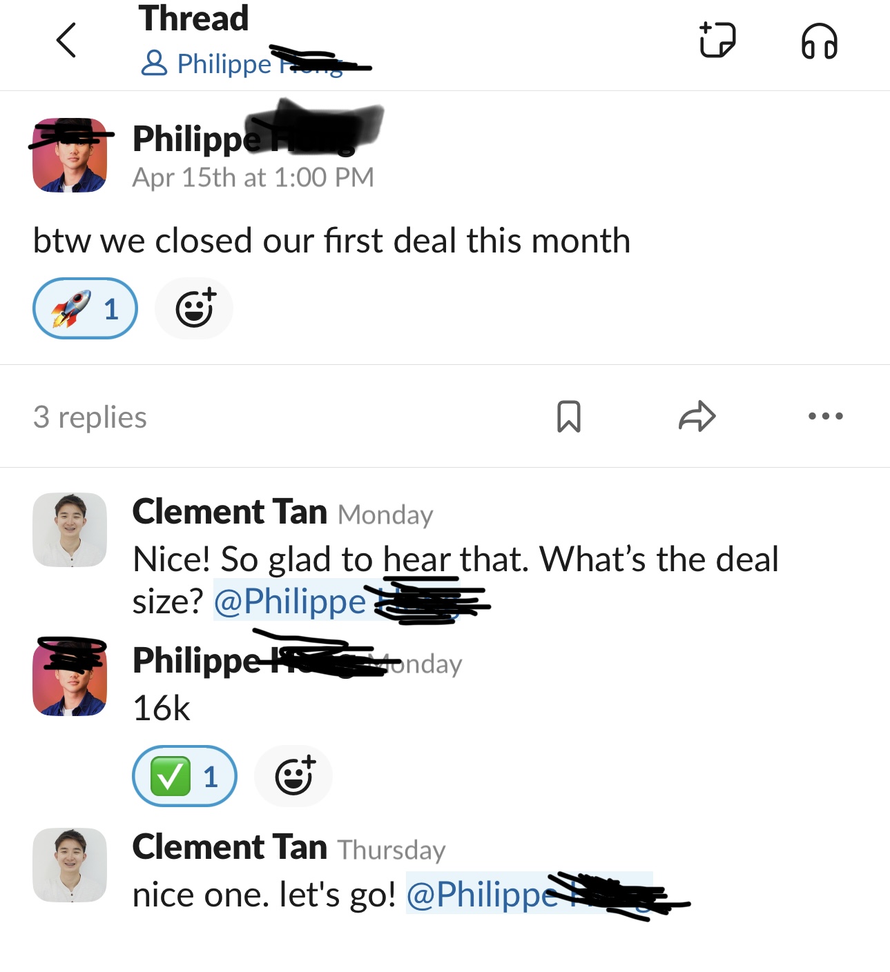 Slack thread with Philippe: first deal closed this month, 16k